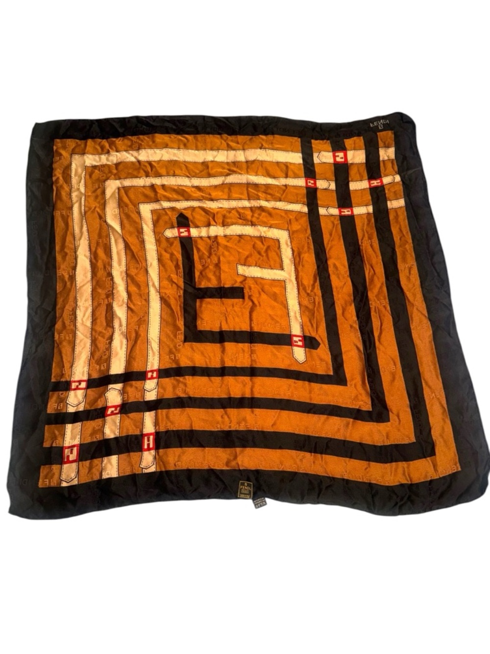 Fendi Foulard Black, Brown & Cream Geometric Maze Silk Scarf